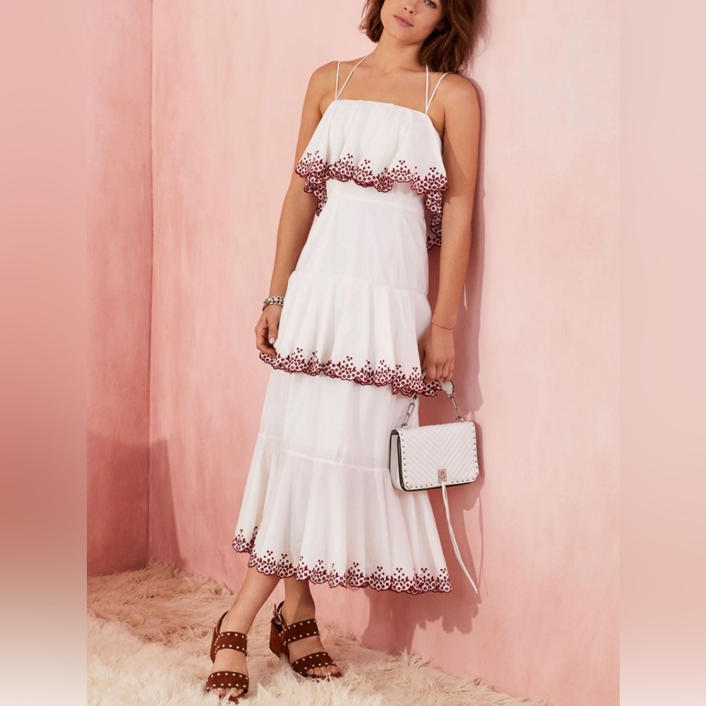 Rebecca Minkoff Tiered Cotton Midi White Embroidered Dress 10